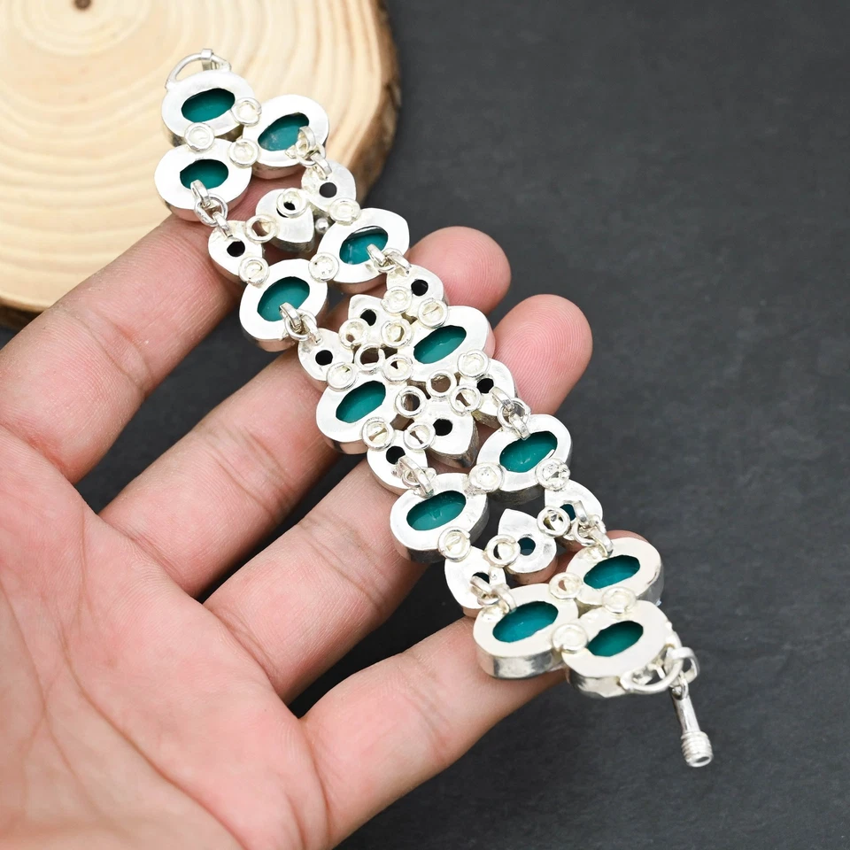 Bracciale gioiello in argento sterling 925 con topazio blu opale tripletta bl... - Immagine 2 di 4