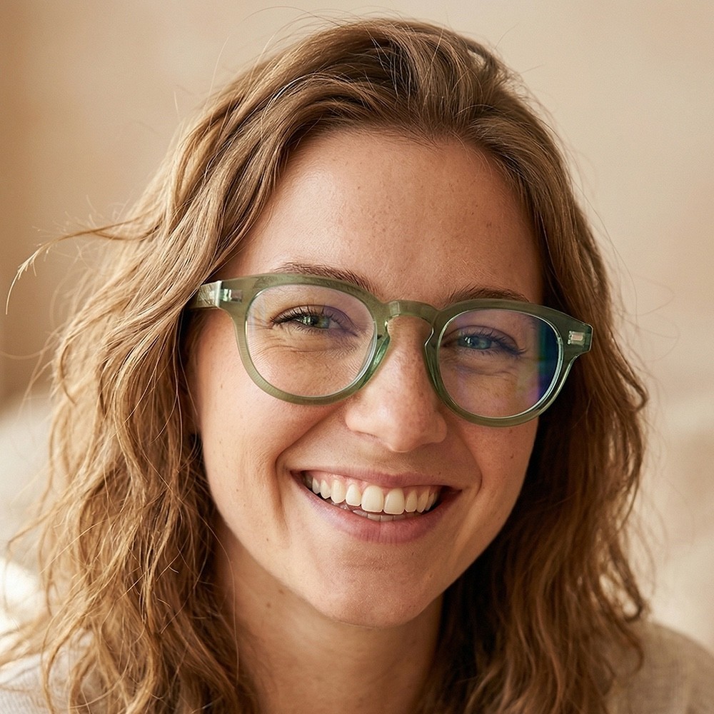 Stylish non-prescription anti-blue light translucent olive-green frame cat-eye glasses.