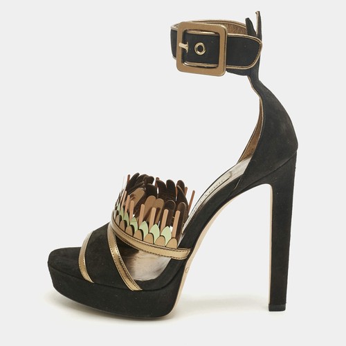 Jimmy Choo BlackGold Suede Kathleen Open Toe Ankle Cuff Sandals Size 36