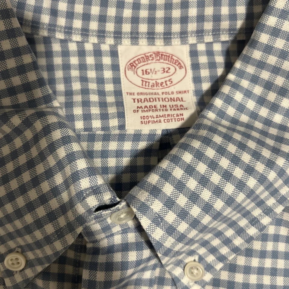 Camisa de vestir Brooks Brothers Makers para hombre talla 16,5-32 azul blanco a rayas Foto 2 de 2