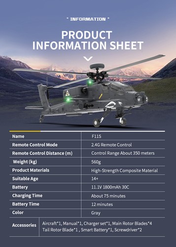 YXZNRC F11S Helicopter Apache GPS 2.4G 6-Axis Gyro 9CH Flybarless 3D Brushless - 第 4/22 張圖片
