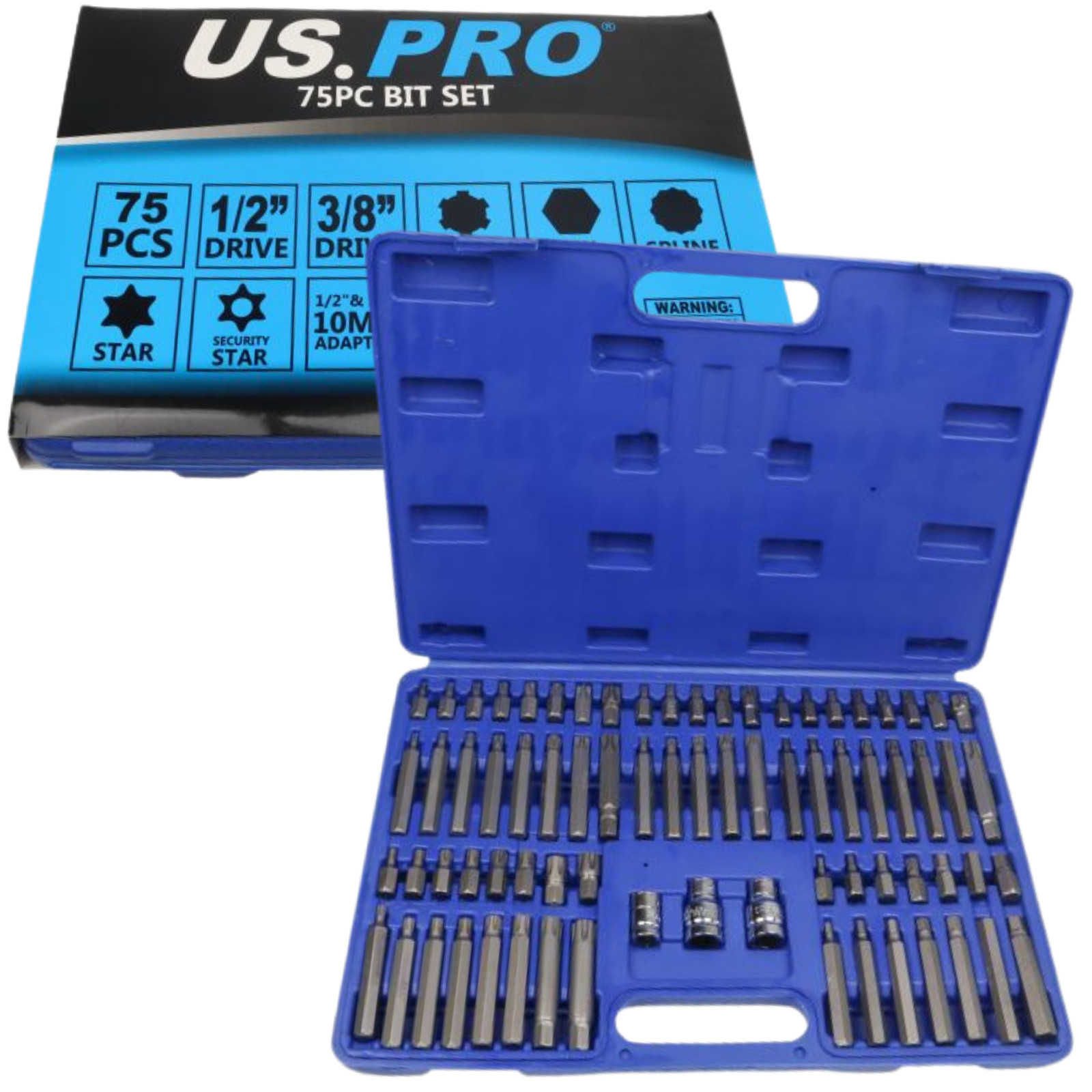 US PRO 75pc Socket Bit Set Hex Ribe Spline Torx Security Torx 30mm 75mm Kit 2068