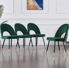 4 Green Velvet Dining Chairs Set Padded Seat Metal Leg Kitchen Home Office Chair