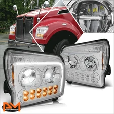 For 19-24 Kenworth W990 Full LED DRL Sequential Turn Singal Headlights Chrome