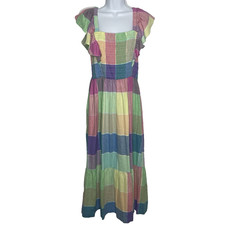GAP Smocked Midi Dress Size L Linen Blend Pastel Madras Plaid Ruffle Sleeve