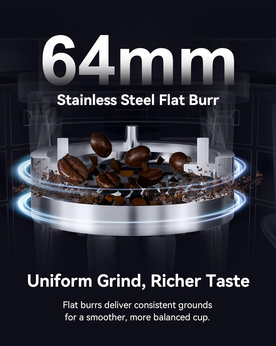 Professional 64Mm Flat Burr Coffee Grinder with 100 Grind Settings