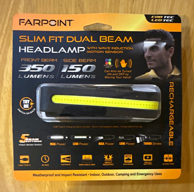 Farpoint Slim Fit Dual Beam LED Headlamp 350 Lumens Rechargeable Motion IPX4