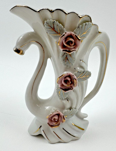 Vintage White Ceramic Bud Vase THAMES Japan Gold Gilt Hand Painted Roses