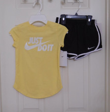 NWT 2pc Nike Yellow White Swoosh Logo Top  Black Shorts Set sz 6