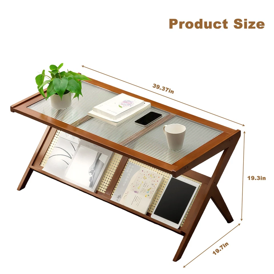 Modern Rattan Coffee Table with Glass Top,Large Boho Center Table with Storage - Image 2 of 4