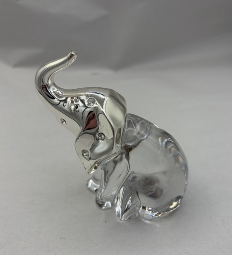 Elephant Lucky Trunk Up Rhinestones Silver Metal Crystal Figurine 3"