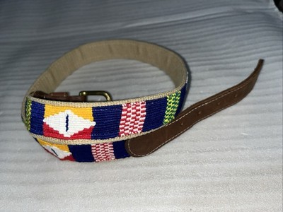 A Tail We Could Wag Leather & Cotton Multicolor Striped Belt Sz 34 Tribal Unisex