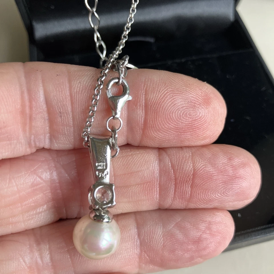 "Collar colgante de perlas simuladas de plata esterlina Majorica circonitas cúbicas 18""" Foto 4 de 4