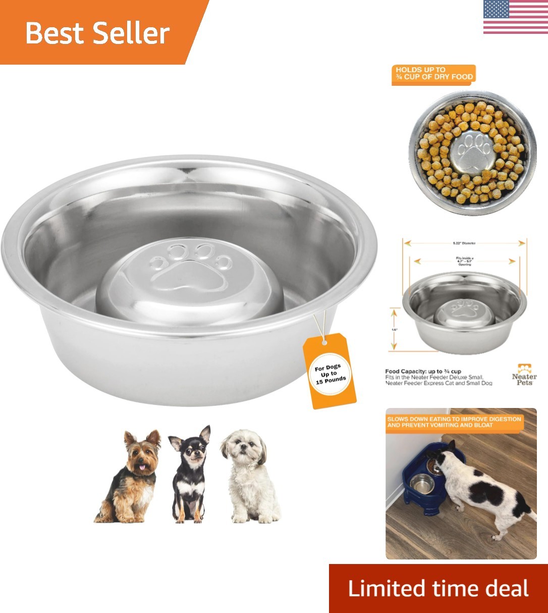 Stainless Steel Slow Feed Dog Bowl for Fast Eating Small Breeds, Metal Slow F...