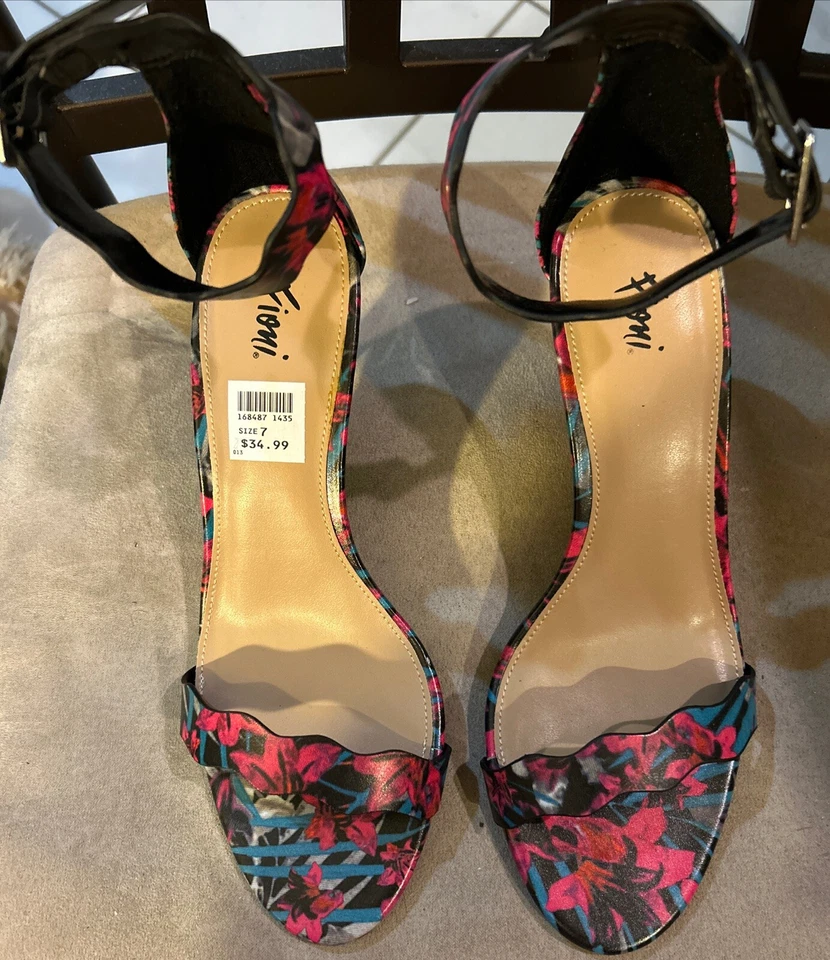 Fioni Tacones Mujer Negro Estampado Floral Correa al Tobillo Punta Abierta Sandalia Zapato TALLA 7 VENTA Foto 3 de 4