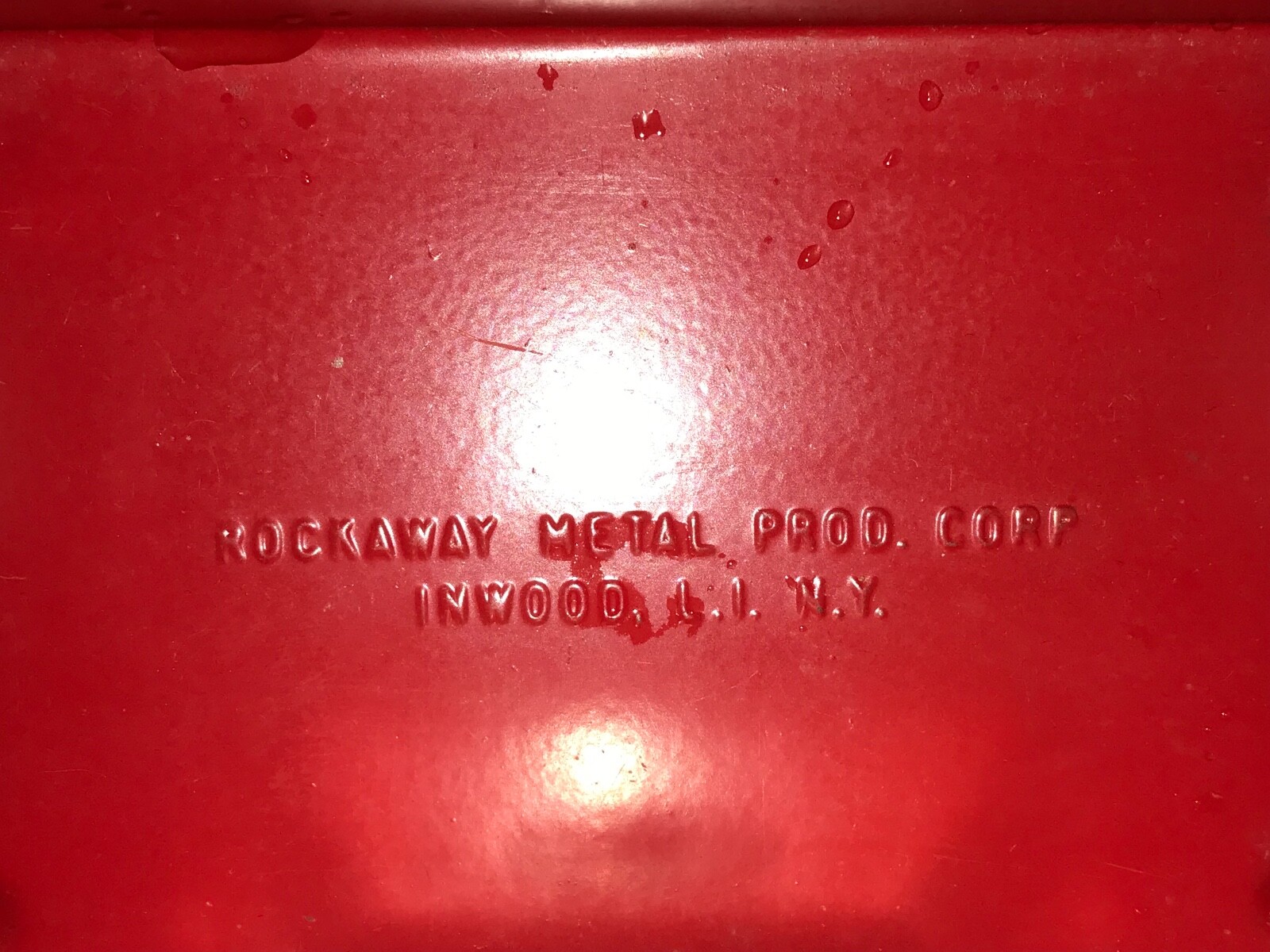 Vtg  Rockaway Metal co.  Coin Bank 5.5x3.5x2.5" No Key But Works Push Button RED