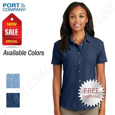 Port Company Womens Denim Shirt Short Sleeve Button Down Pocket Shirt LSP11