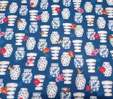 Chinoiserie Garden BTY P&B Textiles Blue White Asian Vase Butterfly Floral Blue