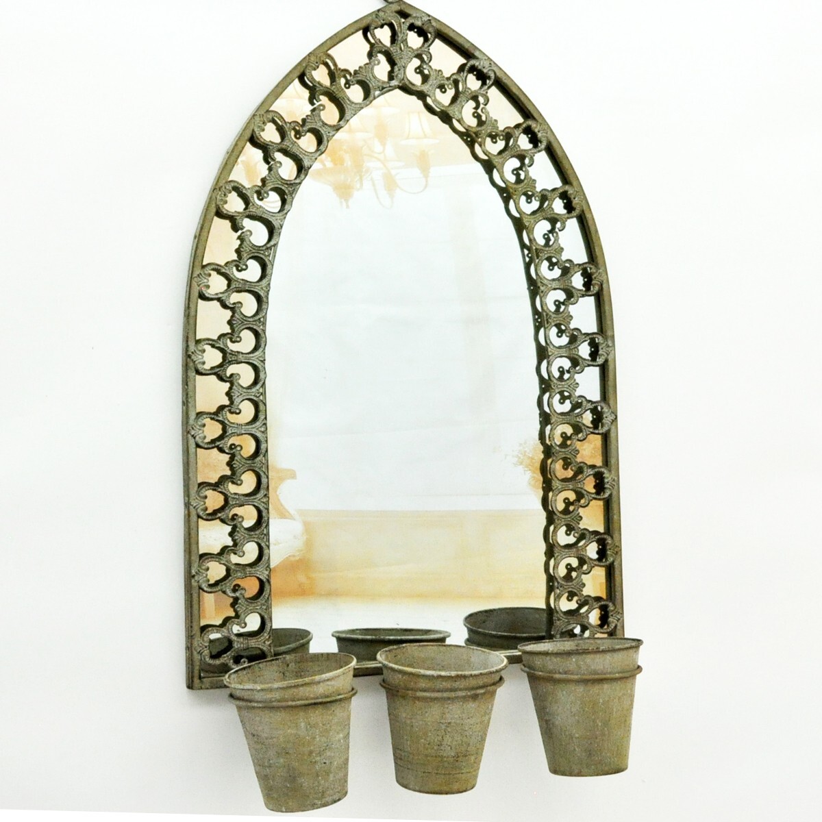 Rusty Metal Wall Mirror With Triple Planter Plant Pots Holder Vintage Style 70cm