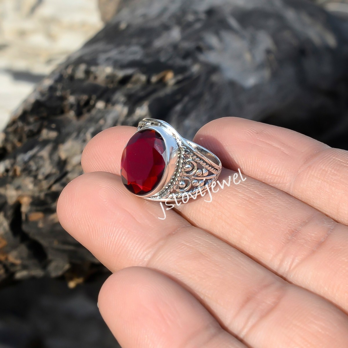 925 Sterling Silver Square Stone Men's Ring, Red Garnet