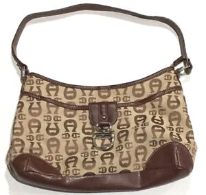 Etienne Aigner Brown Leather Canvas Signature Logo Shoulder Bag Handbag G4499 Ebay