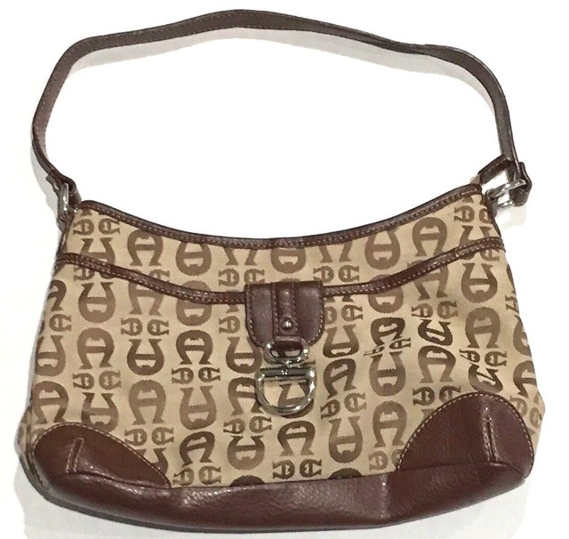 Etienne Aigner Brown Leather Canvas Signature Logo Shoulder Bag Handbag
