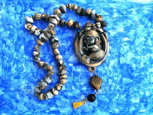 Necklace Women Jewelry Brutalist Pendant Massive Art Deco Siren Mermaid Sleeping - Picture 6 of 24