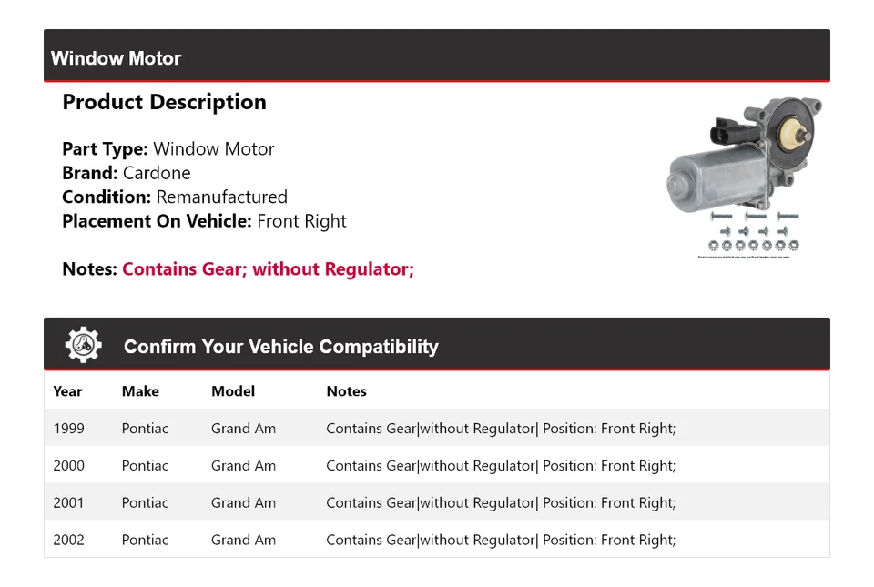 Para Pontiac Grand Am 1999-2002 Ventana Motor Delantero Derecho Cardone 2000 2001 Foto 2 de 4