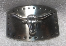 Silver Texas Longhorns Buckle Thick Heavy Rectangle Bullet Holes On Edge Great 