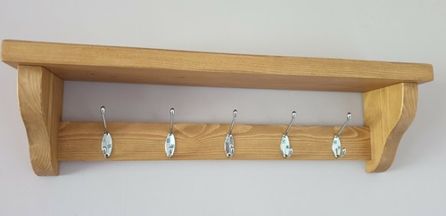 COAT RACK WITH SHELF Handmade 5 Silver Double Hooks Medium Oak Wax - Picture 3 of 10