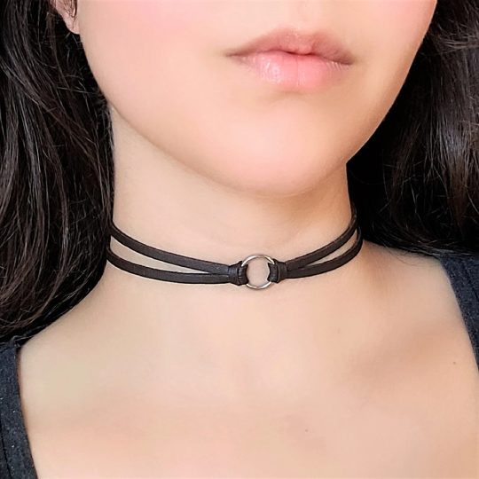 Dark Brown O Ring Choker Layered Faux Leather Necklace 90s Grunge