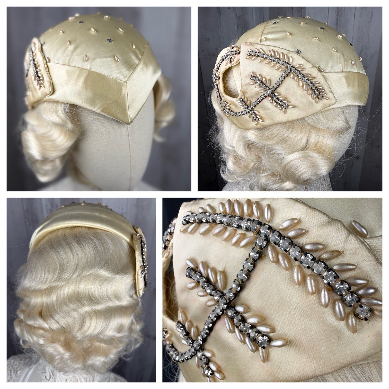 Vintage 1920s Juliet Cap Hat Ivory Satin Bridal Skullcap Wedding Rare Art Deco