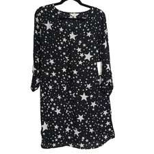 Decree Womens Size L Oh My Stars Black White Shirt Dress Roll Tab Sleeve NEW