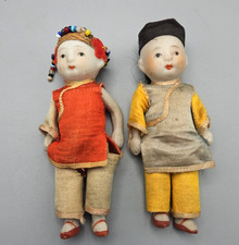Antique Pair Japanese Boy & Girl Jointed Bisque Dolls, 3.5" tall, BSS