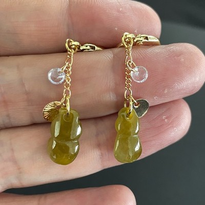Yellowish Green Jadeite Amphora Drop Earrings, Certified Type A Burmese Jadeite
