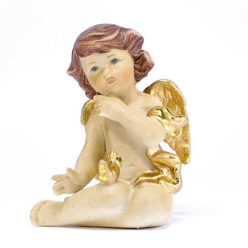 Gilded Angel Cherub Sitting Bird Hand Painted Bisque Porcelain 3.5"