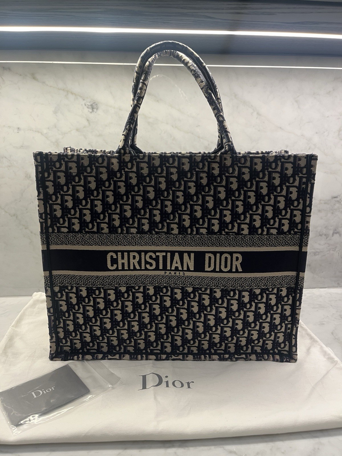 Authentic Dior Book Tote Large in Off-White and Blue Canvas