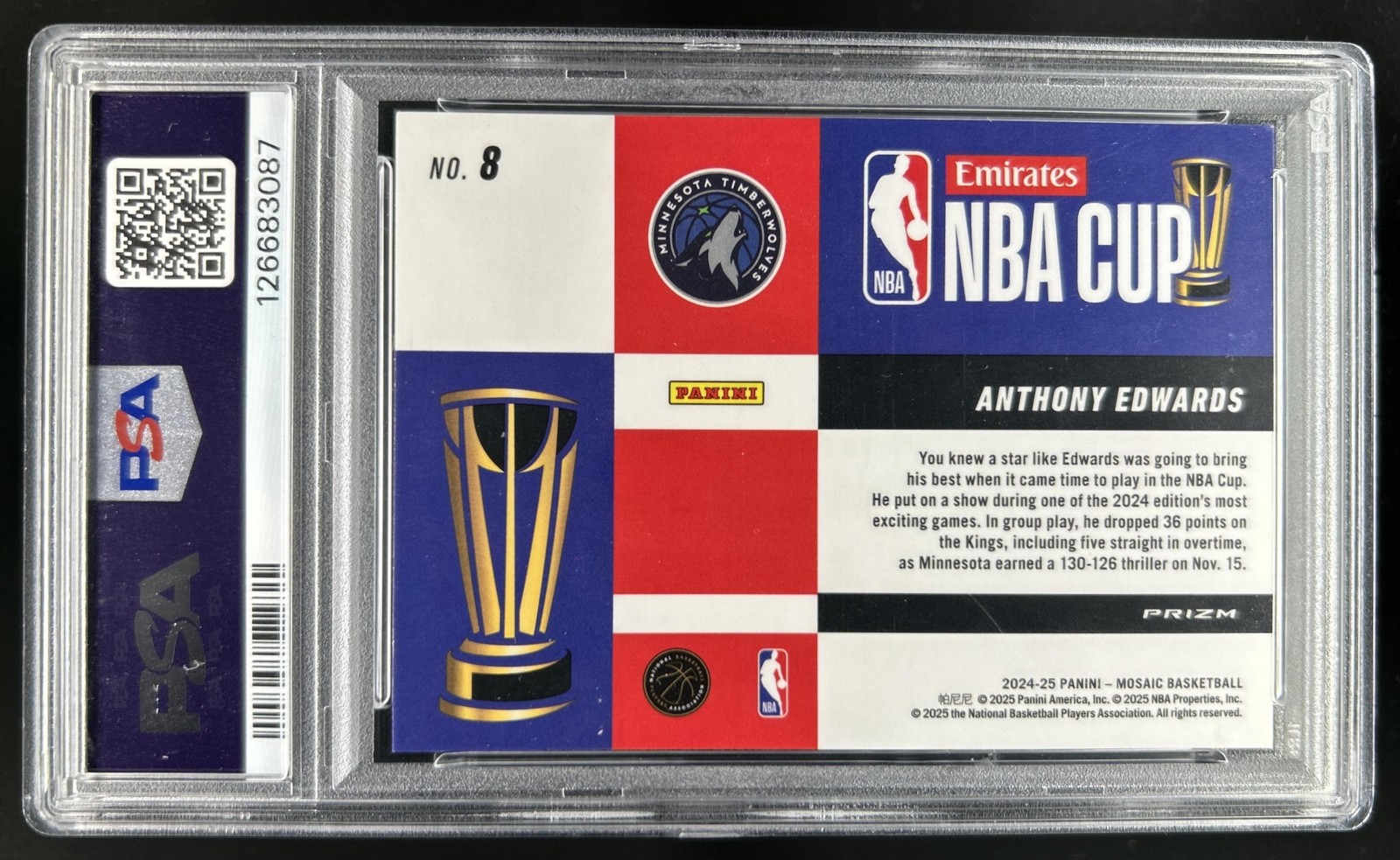 2024-25 Panini Mosaic Anthony Edwards NBA Cup #8 Timberwolves PSA 10 GEM MINT view 2