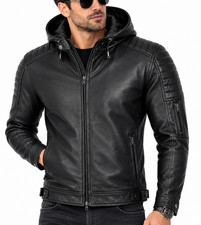 Men's Genuine Leather Hoodie Jacket Black Removable Hood Biker Motorcycle coat