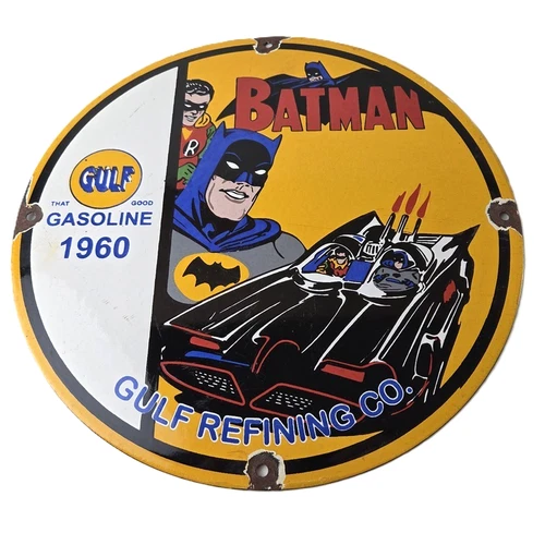 Vintage Gulf Gasoline Sign - Batman Robin Porcelain Gas Pump Sign