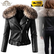 Genuine Leather Men Women Biker Jacket Black Belted Winter Coat with Fur Collar