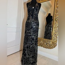Black hand beaded w/ iridescent silver sequins Halter Evening Dress stretch fit