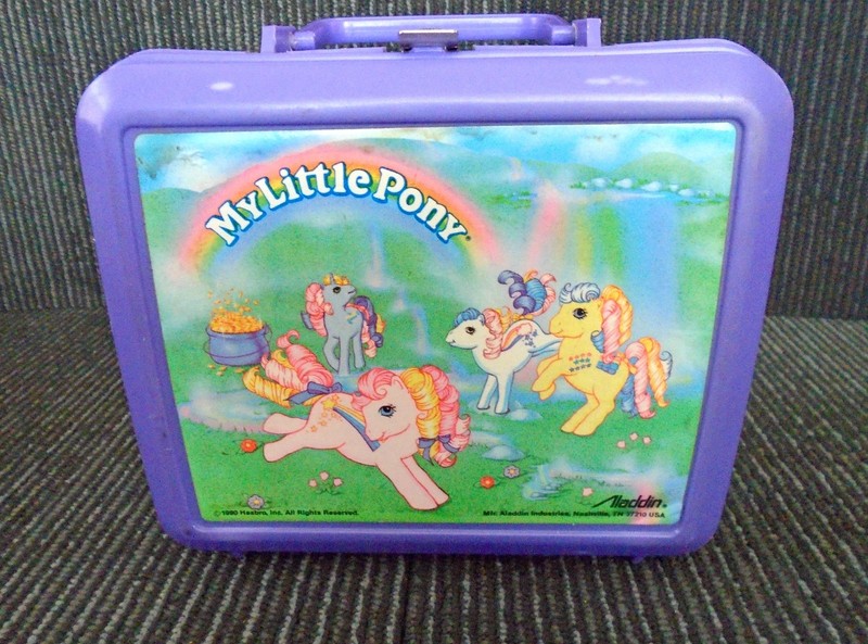 1990 Purple My Little Pony Lunch Box with 5 My Little Ponies Pegasus Unicorn