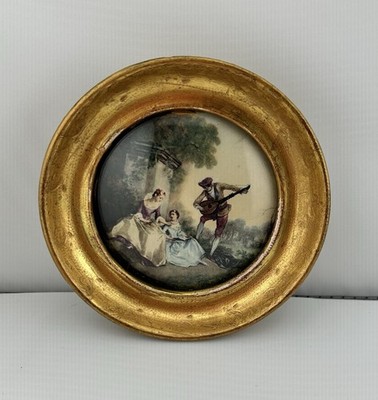Round Gold Bubble framed Vintage Miniature Picture Florence Italy Music Lancret