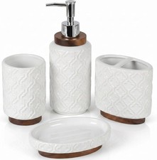 Embossed Design, 4 Piece, White, Ceramic Bathroom Accessories Set