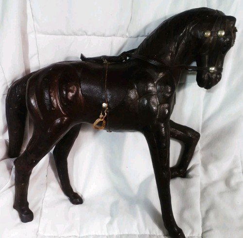 Vintage Leather Wrapped Large Horse With Glass Eyes & Fine Detail 13”x12” 