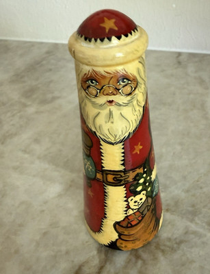Vintage Russian Santa Claus Nesting Doll Wooden Christmas Figurine Signed Poccnr