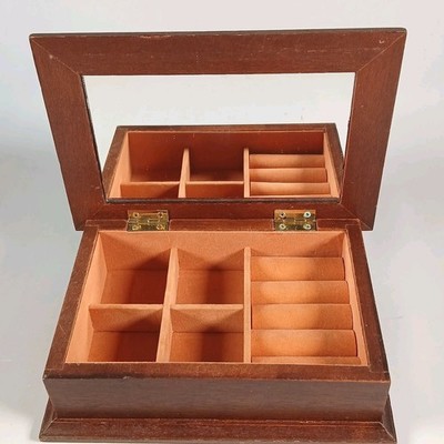 Vintage Jewlery Box Wood Inlay Orange Velvet Lined Vanity Accessories Storage