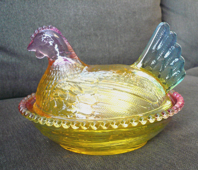 #ad Indiana Glass 7quot; Hen on Nest Dish in Multi Colors Yellow Pink Blue Ombre $140.00