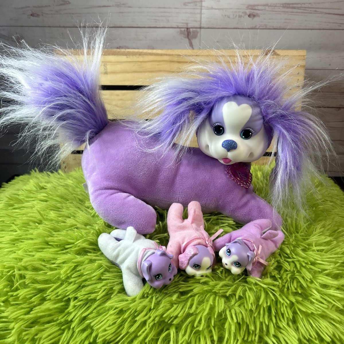 Puppy Surprise Plush Purple Mama Dog & 3 Puppies Babies Rubber